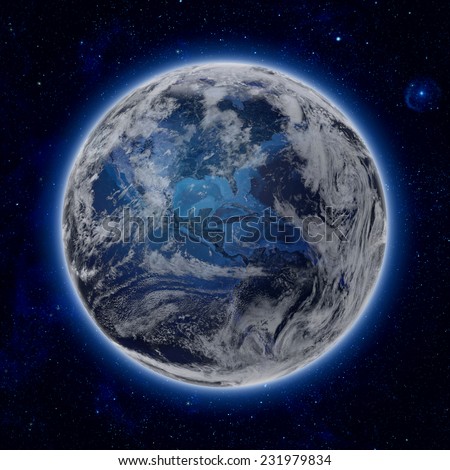Blue Planet Earth with some clouds and stars in the dark sky. the North and South America path of global blue World in space. Elements of this image furnished by NASA