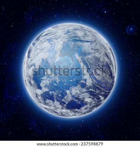 global World in space, Blue Planet Earth with some clouds and stars in the dark sky. Elements of this image furnished by NASA