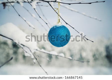 Decoration on snow-covered bush near the forest