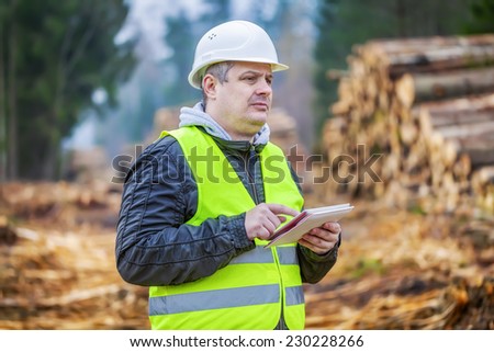 Forest engineer with tablet PC near piles of logs in forest