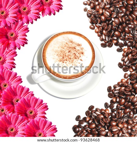 hot cappuccino cup decorated with flowers and coffee beans on white background