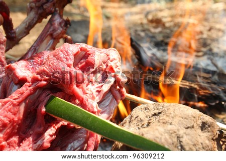 Grill meat on bamboo stick
