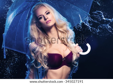 Young sexy woman with transparent umbrella.