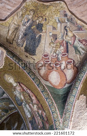 Istanbul, Turkey - May 20, 2012. First Public miracle of Jesus was the transformation of water into wine on mosaic panel in Chora Museum, Istanbul, Turkey on May 20, 12012.