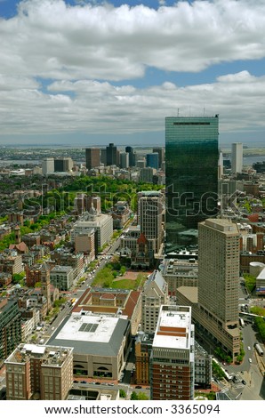 Aerial view of Boston Skyline from Prudential Center to Downtown, including Copley Square, John Hancock Tower, Boston Common and Capitol Hill