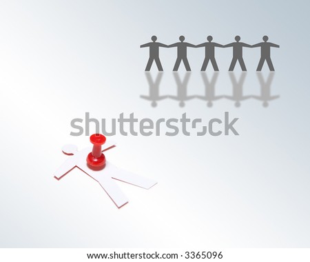 Abstract concept of fallen businessman stabbed with red push pin