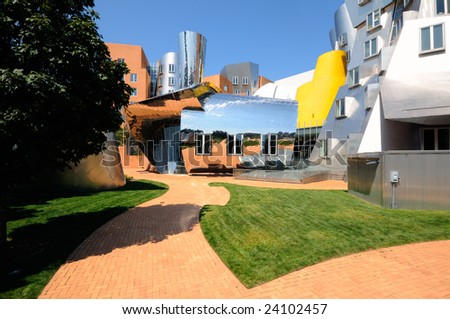 Fun, colorful, irregular, postmodern architecture of MIT Stata Center in Cambridge, Massachusetts