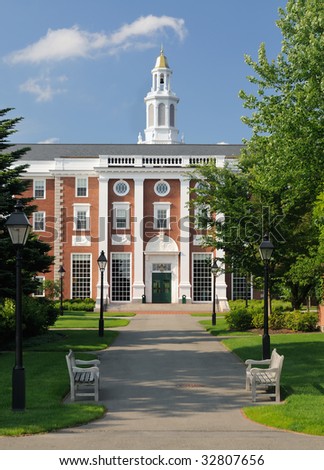 Harvard Business School. Footpath leading to the entrance of Baker Library and Bloomberg Center