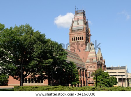 Memorial Hall, a High Victorian Gothic style building on the Harvard University campus in Cambridge, Massachusetts.