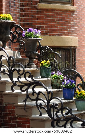 Flower pots and wrought iron railing on steps of house entrance