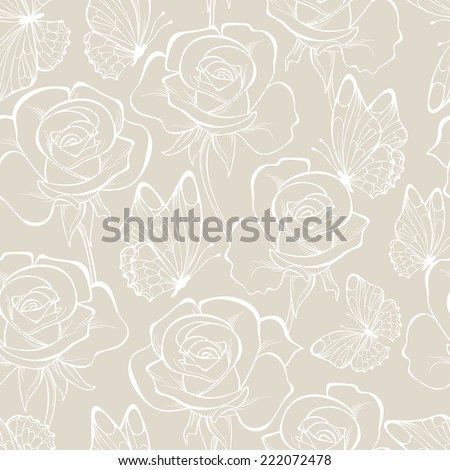 Seamless pattern with flower rose and butterfly . Floral ornament. Hand-drawn contour lines and strokes.  Retro background, pastel colors. Wedding background.