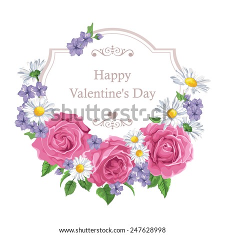 Blossoming roses with spring flowers on white. Vector illustration. Perfect for background greeting cards and invitations of the wedding, birthday, Valentine's Day, Mother's Day.