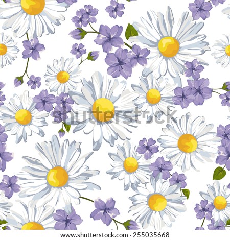 Vector seamless pattern with camomile flower and wild flower. Summer background, vector illustration.