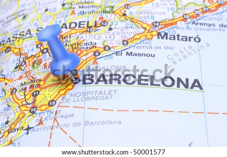  Pins on Map Push Pin Suggesting Destination Barcelona Stock Photo 50001577