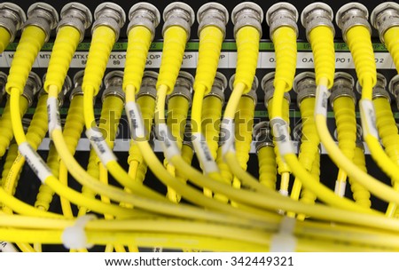Yellow Network cables connected to the server - Switch and cable in data center