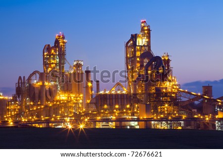 Night panorama image of chemical plant at Sunset. Modern factory.