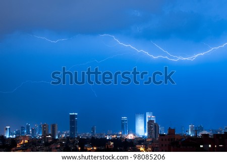 Panorama of the Tel Aviv with lightning over a city