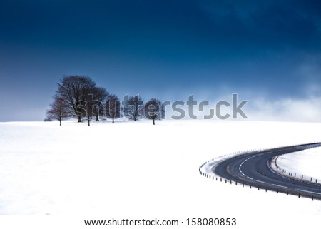 Minimal winter snow scene .Road,trees ,snow