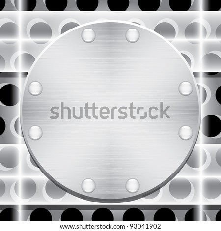 Metal plate with rivets, glass plates and metal grid as background. Raster version.