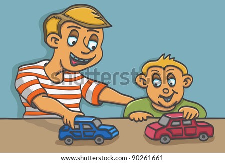 Illustration of a father and son playing toy cars.