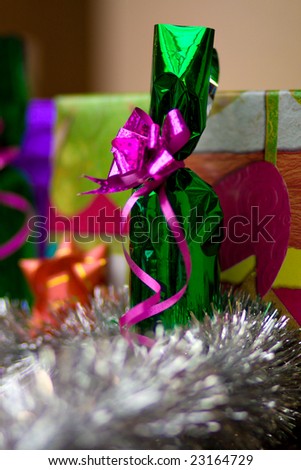 Christmas gift set . Colorful packages in metallic paper