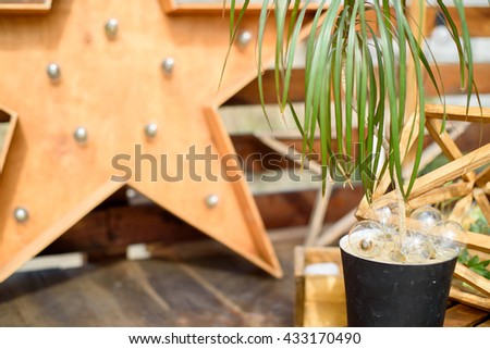 The scenery for wedding composed of plant, wood, lamps and decorative star.