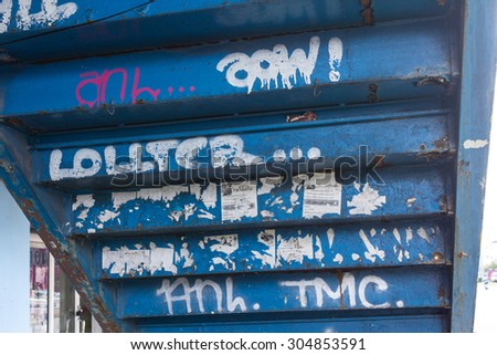 NAKHON-RATCHASIMA, THAILAND - 10 AUGUST,2015: various artist street art graffiti font tags under the overpass