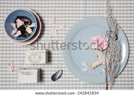 Handmade from craft flower, dishes, utensils. Skrapbook background.