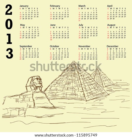 vintage 2013 calendar with hand drawn illustration of famous tourist destination sphinx and pyramids of Egypt.