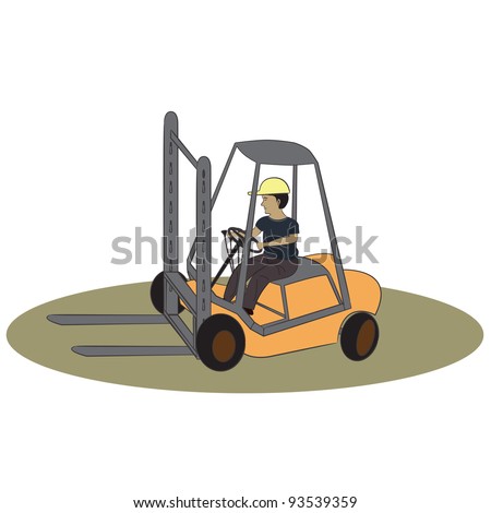 Simple illustration forklift worker, driver in an action of operating  his yellow forklift on desaturated green ground on a white background.