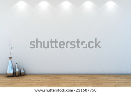 Empty neutral grey room with vases and lights illuminating the wall
