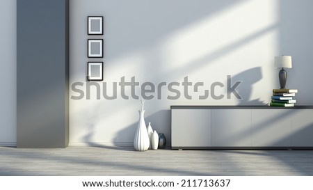 Interior with empty pictures vases and table lamps on the books Interior with empty pictures vases and table lamps on the books
