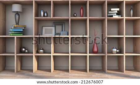 wooden shelf with vases, books and lamp