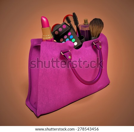 Beautiful pink makeup bag and cosmetics isolated on white
