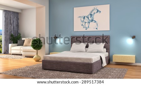 Bedroom interior. blue. 3d illustration