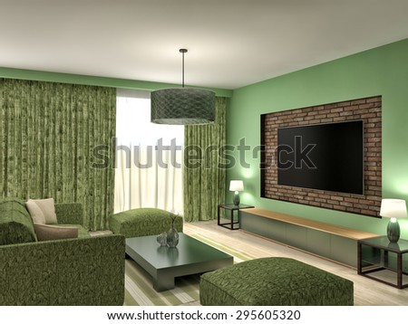 Modern green living room interior design. 3d illustration