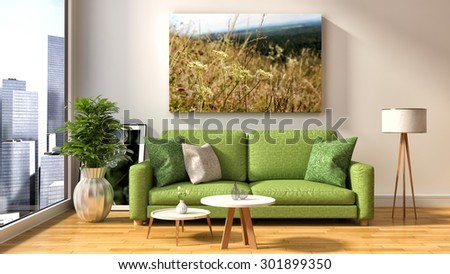 interior with green sofa. 3d illustration
