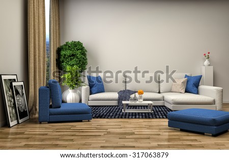 interior with blue sofa. 3d illustration