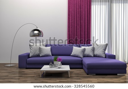 interior with purple sofa. 3d illustration