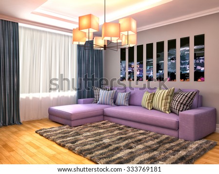 interior with purple sofa. 3d illustration