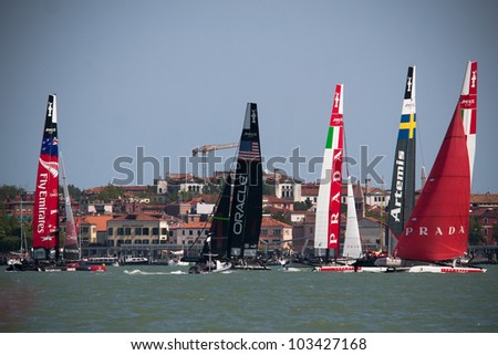 VENICE - MAY 18 - Fleet race of America\'s cup series in front of Lido\'s island on May 18, 2012 Venice.