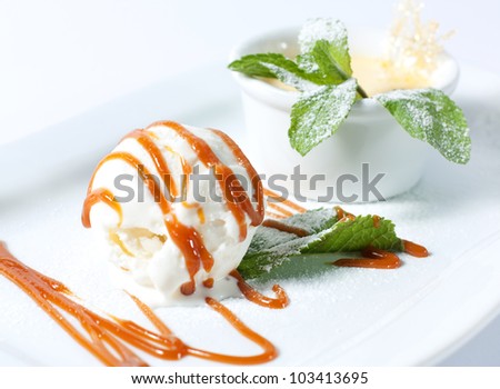 Ice cream with whipped cream. Dessert.