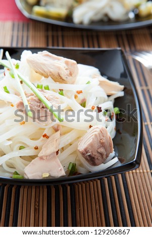 mouthwatering rice vermicelli with chunks of tuna, closeup