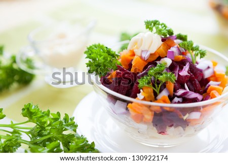 salad in a salad bowl transparent, closeup food