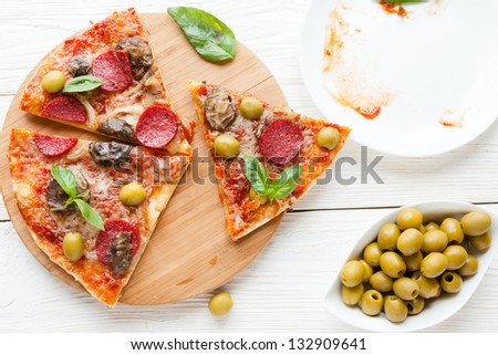 slices of pizza and an empty dish, closeup food