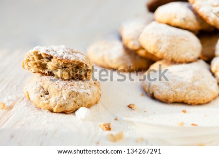 cheese biscuits with icing sugar and chocolate, closeup