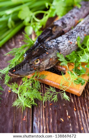 Uncooked fish on board, raw pike, food closeup