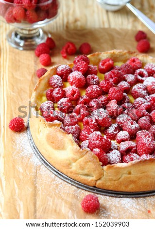 cake with raspberries and powdered sugar, food close up