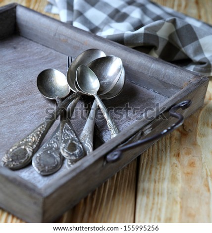 cupro-nickel spoons in a gray tray, food