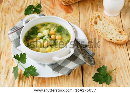 fresh potato soup with chickpeas, food closeup